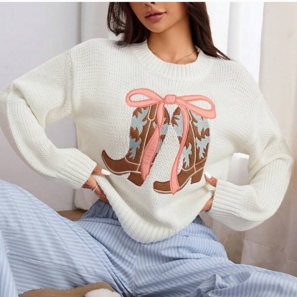 Willow & Wind Chic Ivory Sweater with Boot Design - Picture 1 of 7